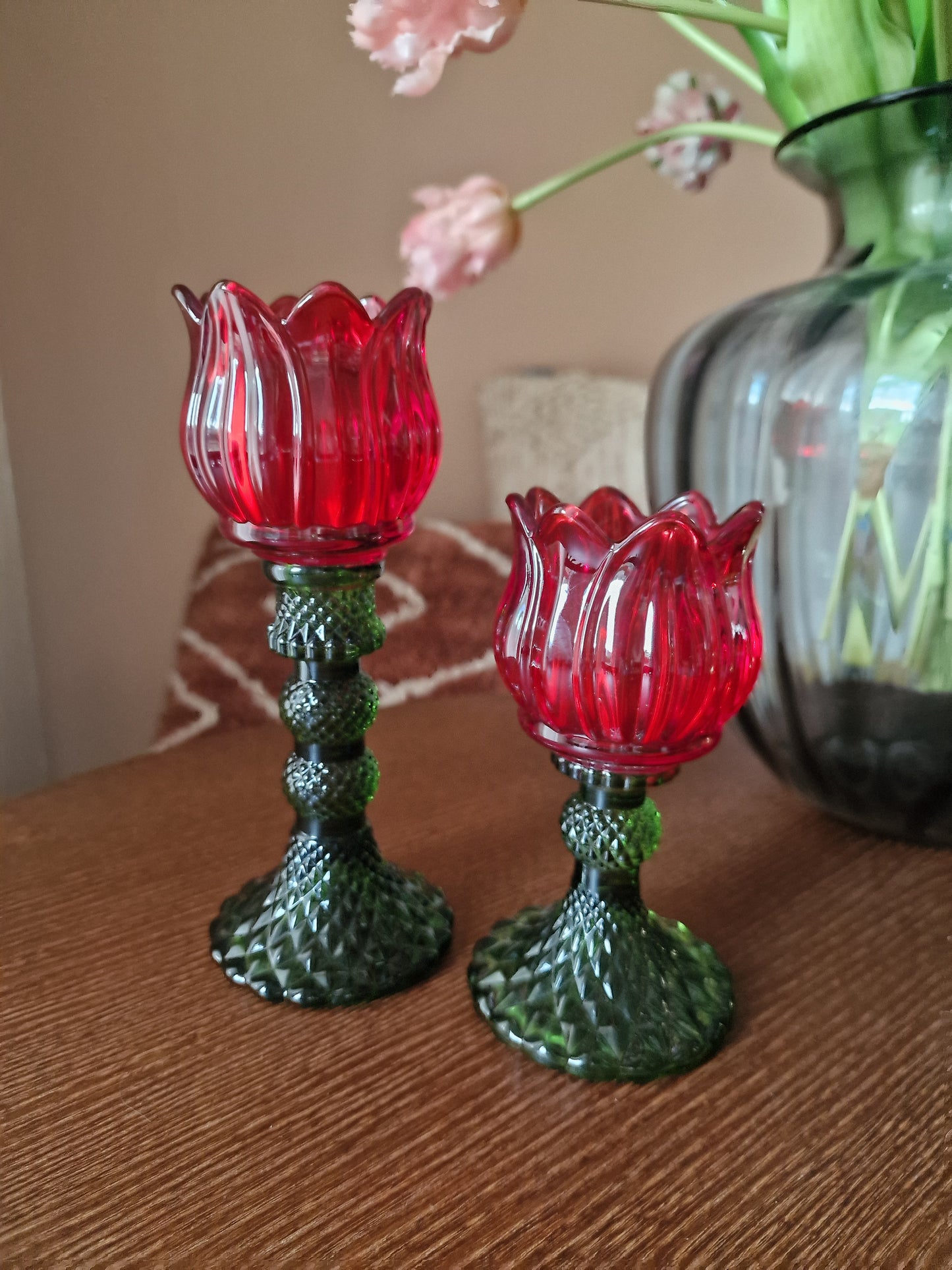 Theelichthouder Tulp - Glas Rood - 19cm